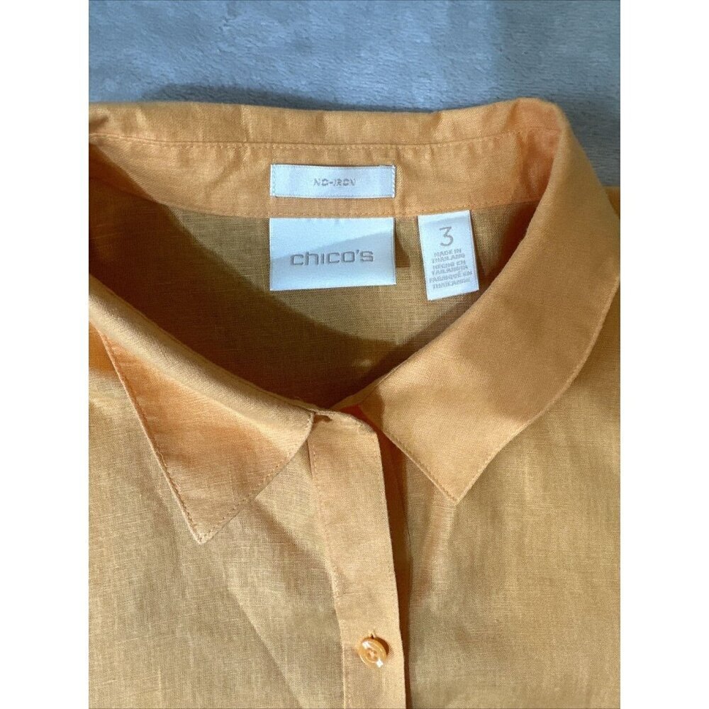 Chico’s Button Up Tip Up Blouse 100% Linen Orange Size 3 - Picture 8 of 10